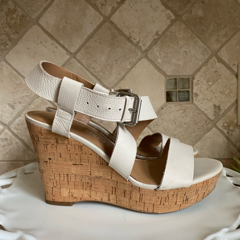 Franco Sarto Cream Neutral Leather Cork Wedge Sandals